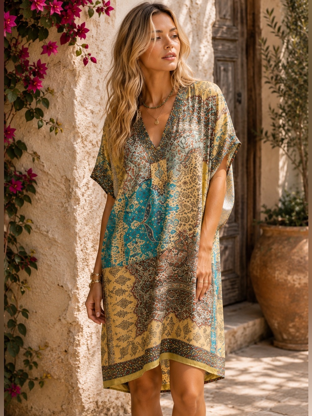 Johnny Was Luda Silk Twill Tunic Dress Boho Patchwork Pocket Dress Medium